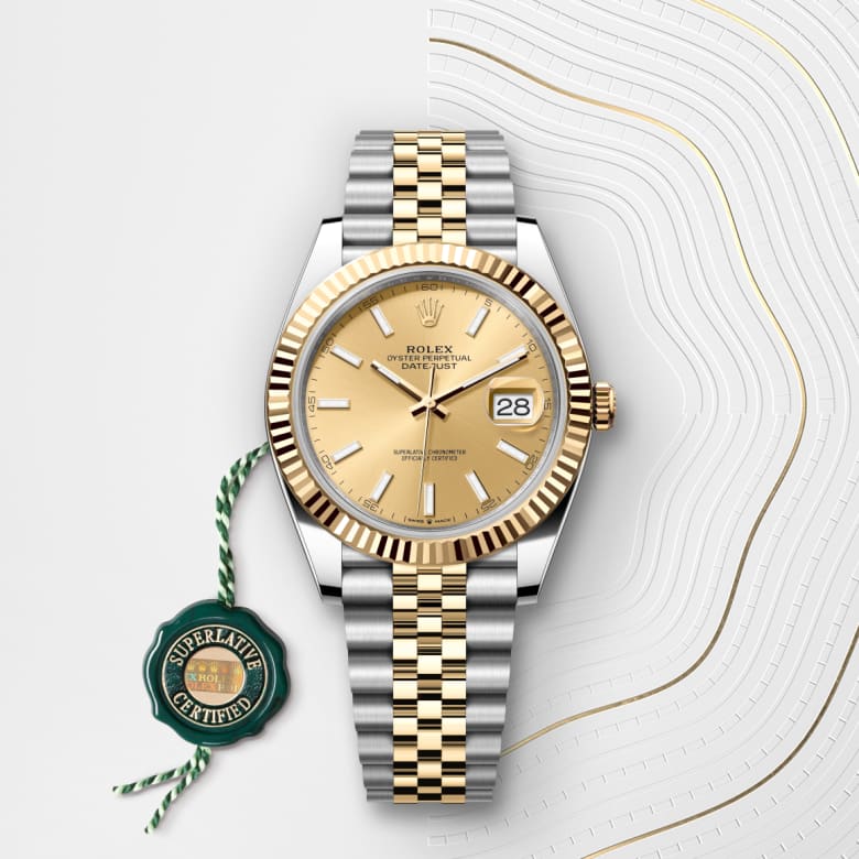 Front view of Rolex Datejust in Yellow Rolesor - combination of Oystersteel and yellow gold, m126333-0010 with green seal - Nam Sawang