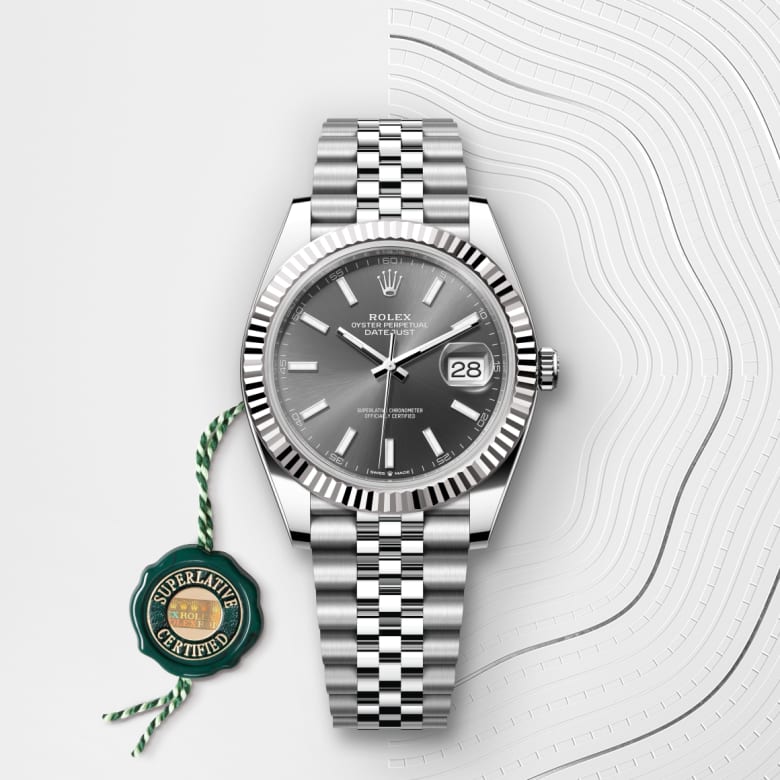 Front view of Rolex Datejust in White Rolesor - combination of Oystersteel and white gold, m126334-0014 with green seal - Nam Sawang