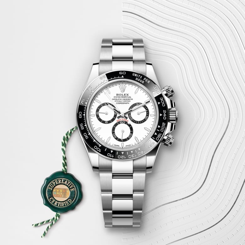 ด้านหน้า Rolex Cosmograph Daytona ในวัสดุ Oystersteel, m126500ln-0001 กับเหรียญรับประกันสีเขียว - นำสว่าง