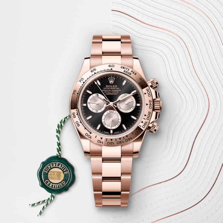 Front view of Rolex Cosmograph Daytona in 18 ct Everose gold, m126505-0001 with green seal - Nam Sawang