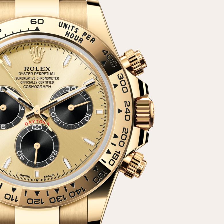 ด้านหน้า Rolex Cosmograph Daytona ในวัสดุ ทองคำ 18 กะรัต, m126508-0006 กับเหรียญรับประกันสีเขียว - นำสว่าง