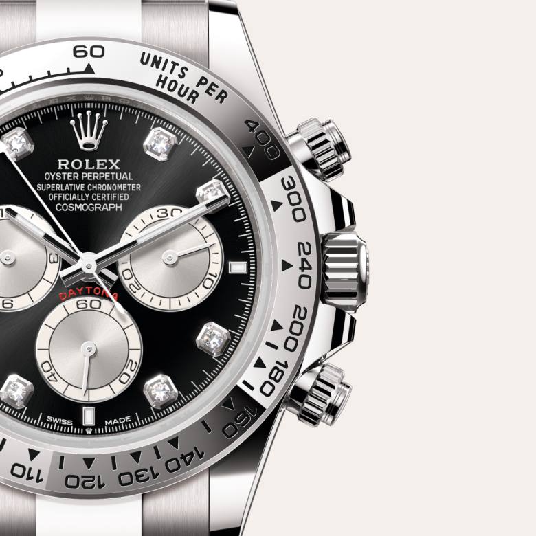 Front view of Rolex Cosmograph Daytona in 18 ct white gold, m126509-0002 with green seal - Nam Sawang