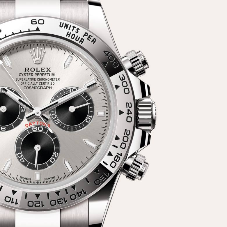 ด้านหน้า Rolex Cosmograph Daytona ในวัสดุ ทองคำขาว 18 กะรัต, m126509-0003 กับเหรียญรับประกันสีเขียว - นำสว่าง
