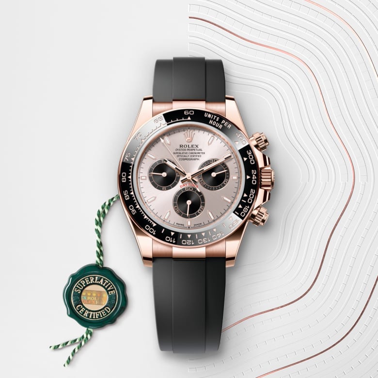 ด้านหน้า Rolex Cosmograph Daytona ในวัสดุ Everose gold 18 กะรัต, m126515ln-0006 กับเหรียญรับประกันสีเขียว - นำสว่าง