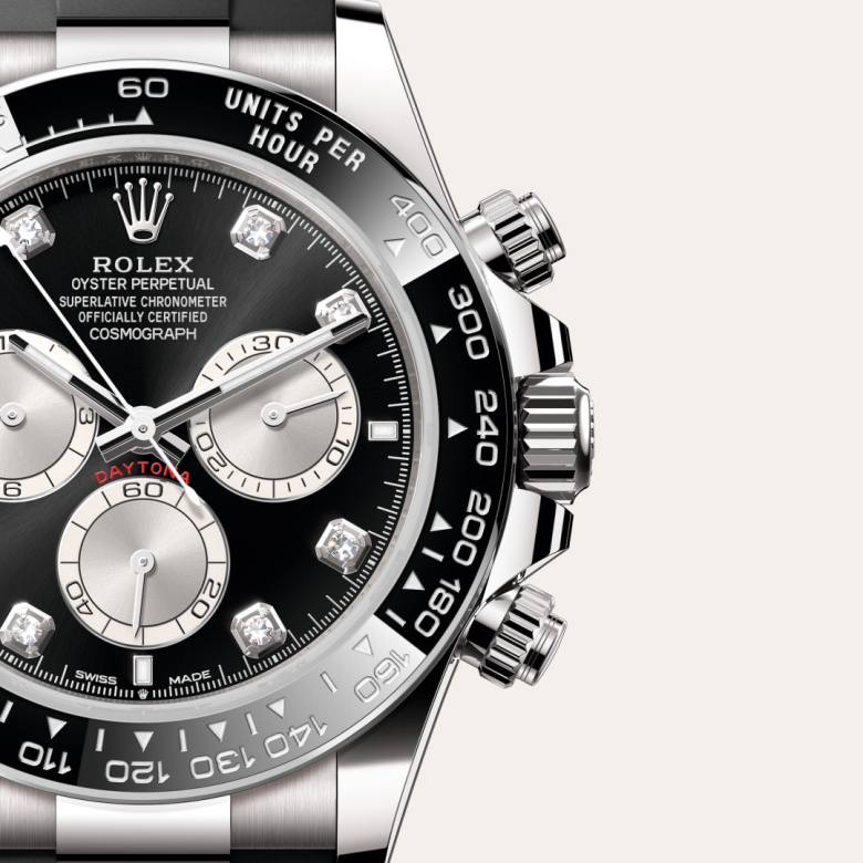 ด้านหน้า Rolex Cosmograph Daytona ในวัสดุ ทองคำขาว 18 กะรัต, m126519ln-0004 กับเหรียญรับประกันสีเขียว - นำสว่าง