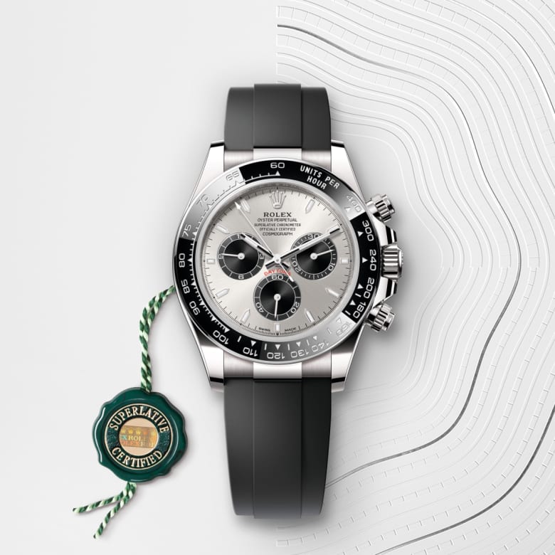 Front view of Rolex Cosmograph Daytona in 18 ct white gold, m126519ln-0006 with green seal - Nam Sawang