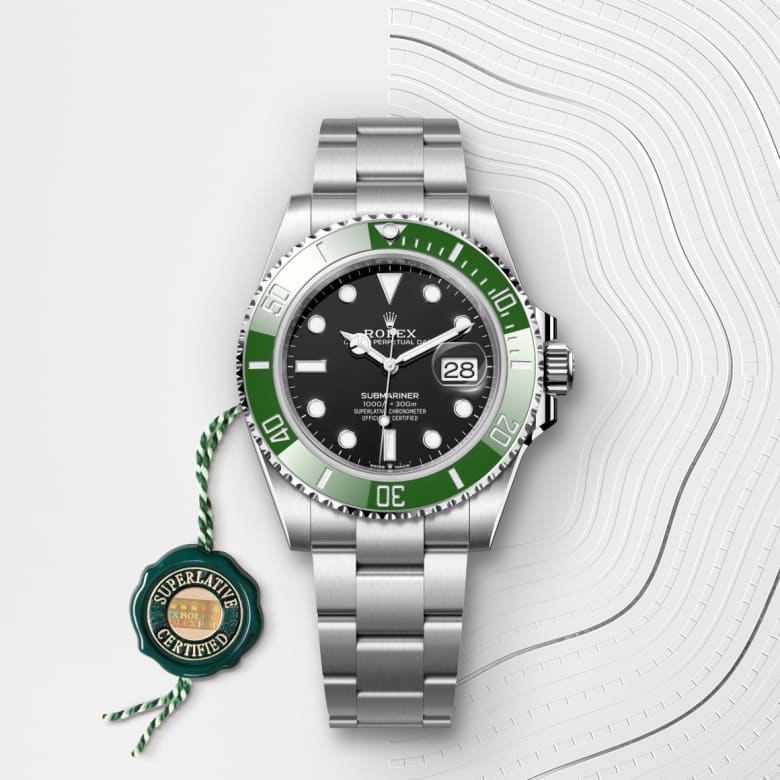 ด้านหน้า Rolex Submariner ในวัสดุ Oystersteel, m126610lv-0002 กับเหรียญรับประกันสีเขียว - นำสว่าง
