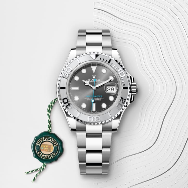 Front view of Rolex Yacht-Master in Rolesium - combination of Oystersteel and platinum, m126622-0001 with green seal - Nam Sawang