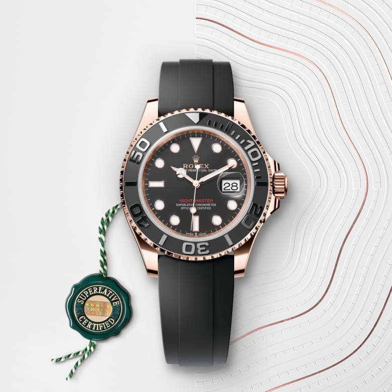 Front view of Rolex Yacht-Master in 18 ct Everose gold, m126655-0002 with green seal - Nam Sawang