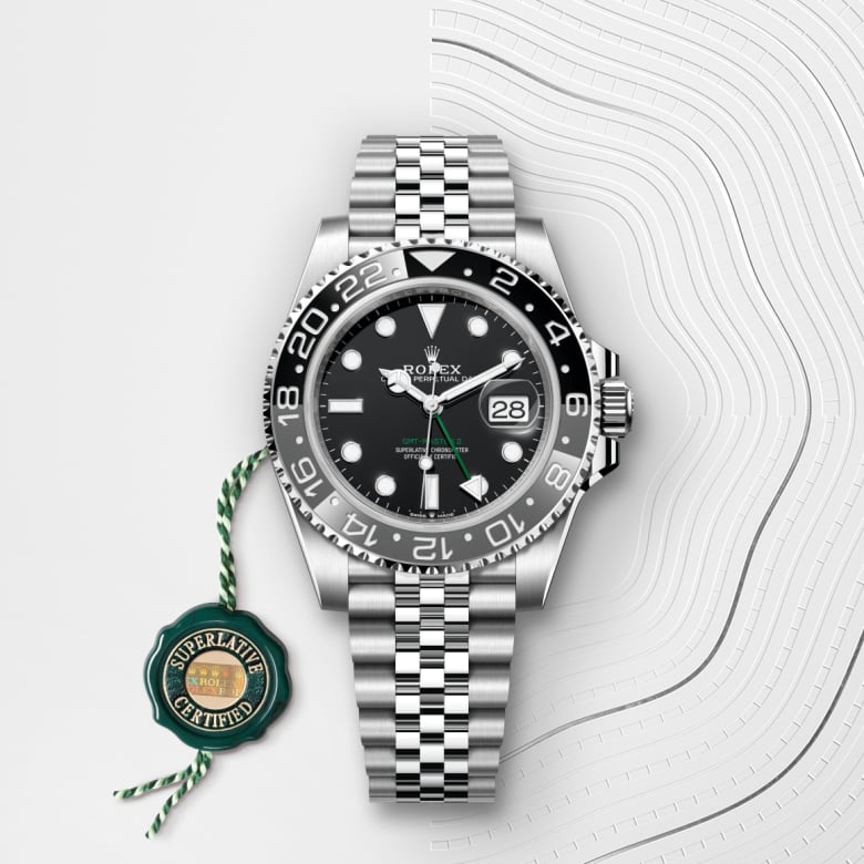 Front view of Rolex GMT-Master II in Oystersteel, m126710grnr-0003 with green seal - Nam Sawang