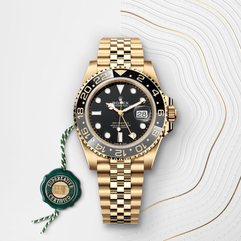 Front view of Rolex GMT-Master II in 18 ct yellow gold, m126718grnr-0001 with green seal - Nam Sawang