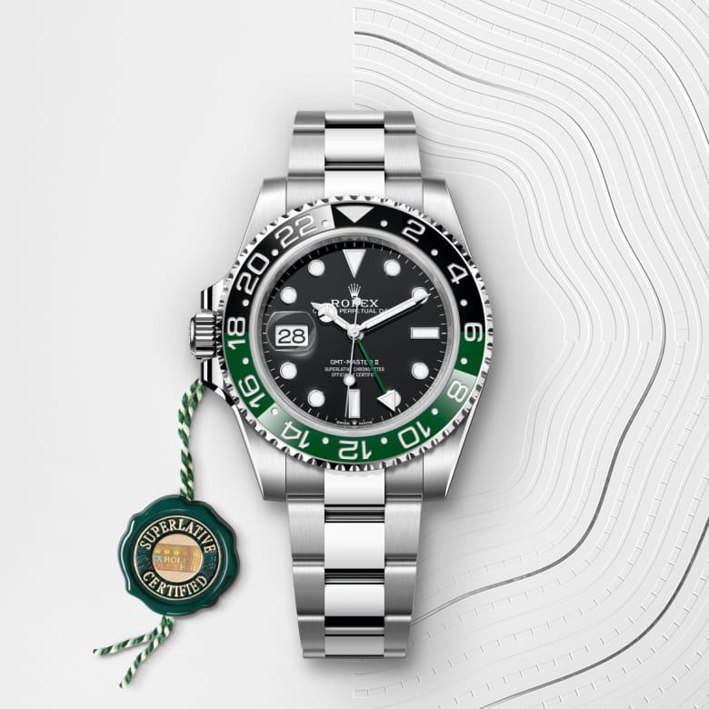 ด้านหน้า Rolex GMT-Master II ในวัสดุ Oystersteel, m126720vtnr-0001 กับเหรียญรับประกันสีเขียว - นำสว่าง