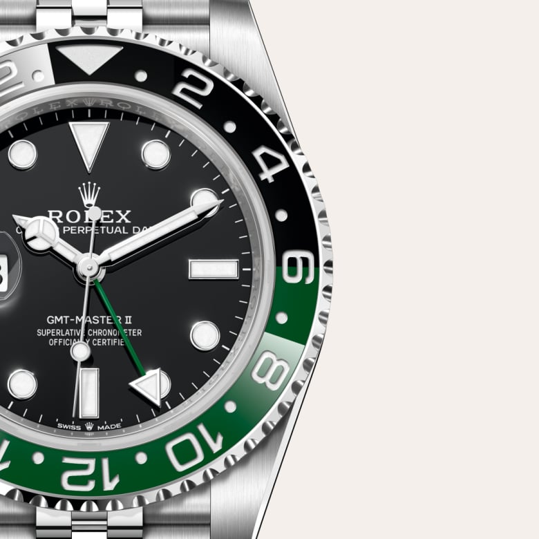 Front view of Rolex GMT-Master II in Oystersteel, m126720vtnr-0002 with green seal - Nam Sawang