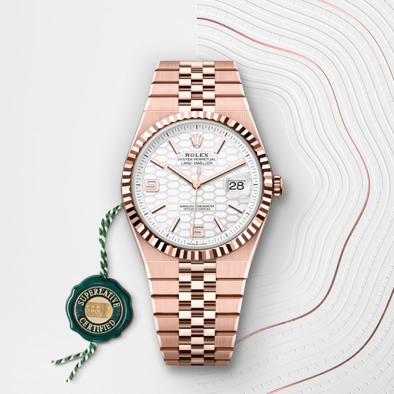 Front view of Rolex Land-Dweller in 18 ct Everose gold, m127335-0001 with green seal - Nam Sawang