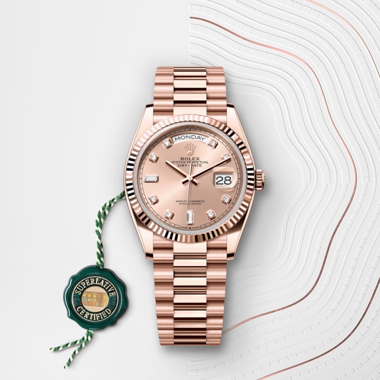 Front view of Rolex Day-Date in 18 ct Everose gold, m128235-0009 with green seal - Nam Sawang