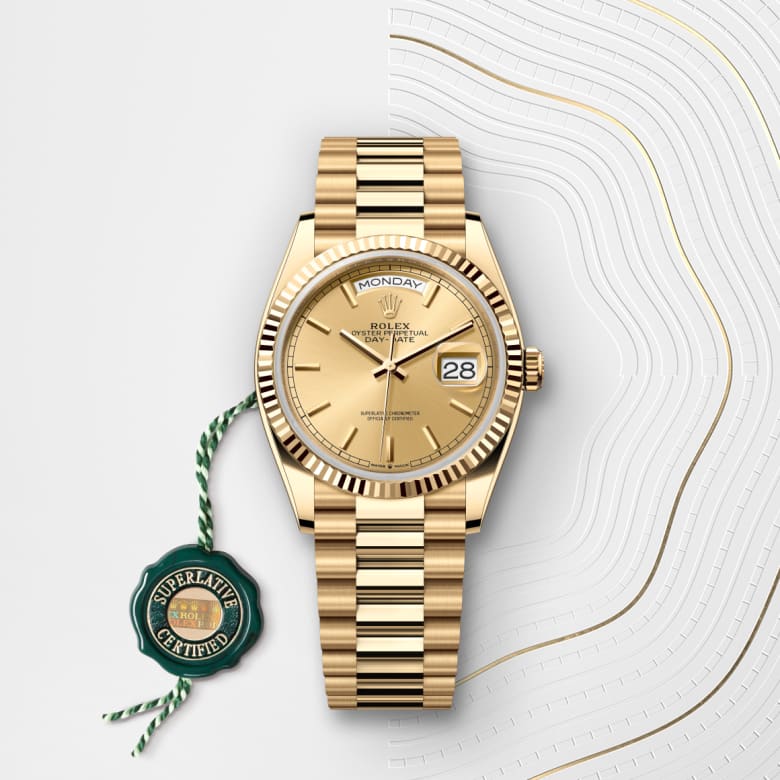 Front view of Rolex Day-Date in 18 ct yellow gold, m128238-0045 with green seal - Nam Sawang