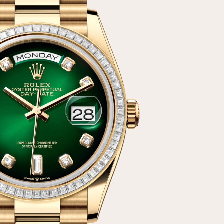 Front view of Rolex Day-Date in 18 ct yellow gold, m128398tbr-0008 with green seal - Nam Sawang