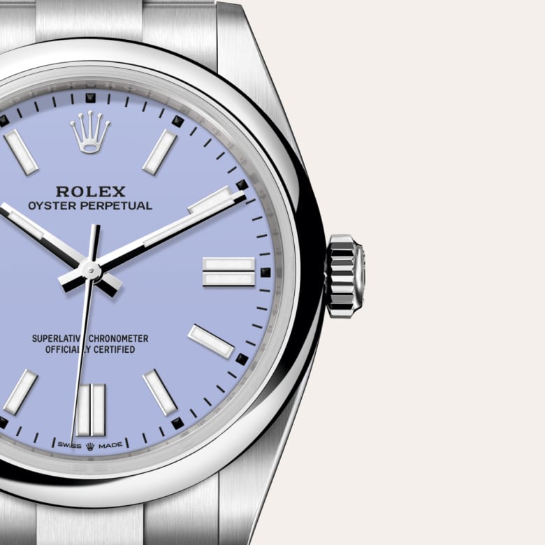 Front view of Rolex Oyster Perpetual in Oystersteel, m134300-0012 with green seal - Nam Sawang