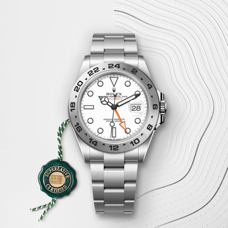 ด้านหน้า Rolex Explorer ในวัสดุ Oystersteel, m226570-0001 กับเหรียญรับประกันสีเขียว - นำสว่าง