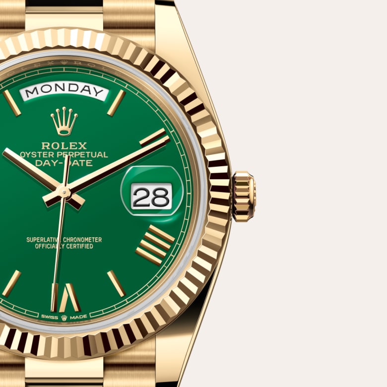 Front view of Rolex Day-Date in 18 ct yellow gold, m228238-0061 with green seal - Nam Sawang