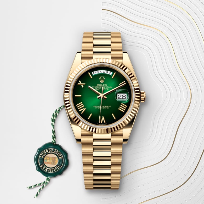 Front view of Rolex Day-Date in 18 ct yellow gold, m228238-0069 with green seal - Nam Sawang