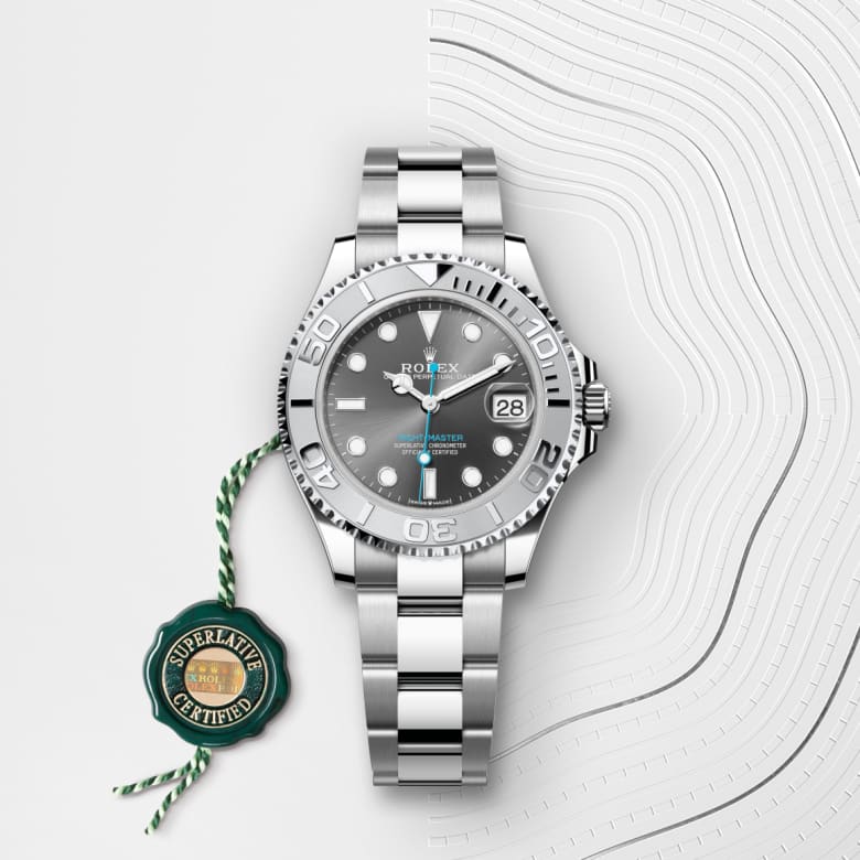 ด้านหน้า Rolex Yacht-Master ในวัสดุ Rolesium, m268622-0002 กับเหรียญรับประกันสีเขียว - นำสว่าง