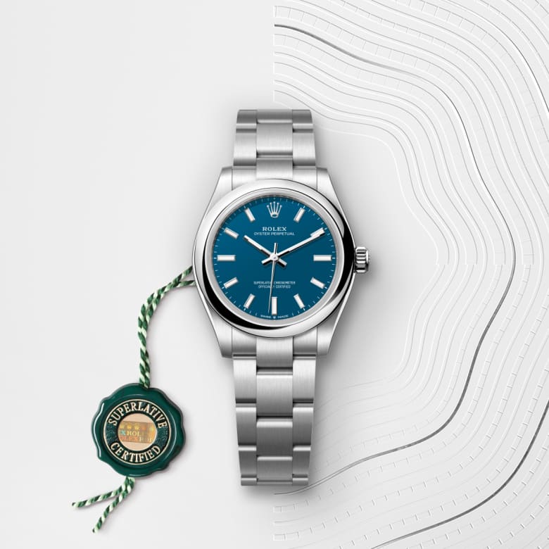 Front view of Rolex Oyster Perpetual in Oystersteel, m277200-0017 with green seal - Nam Sawang