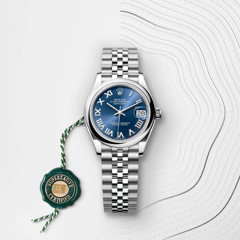 ด้านหน้า Rolex Datejust ในวัสดุ Oystersteel, m278240-0018 กับเหรียญรับประกันสีเขียว - นำสว่าง