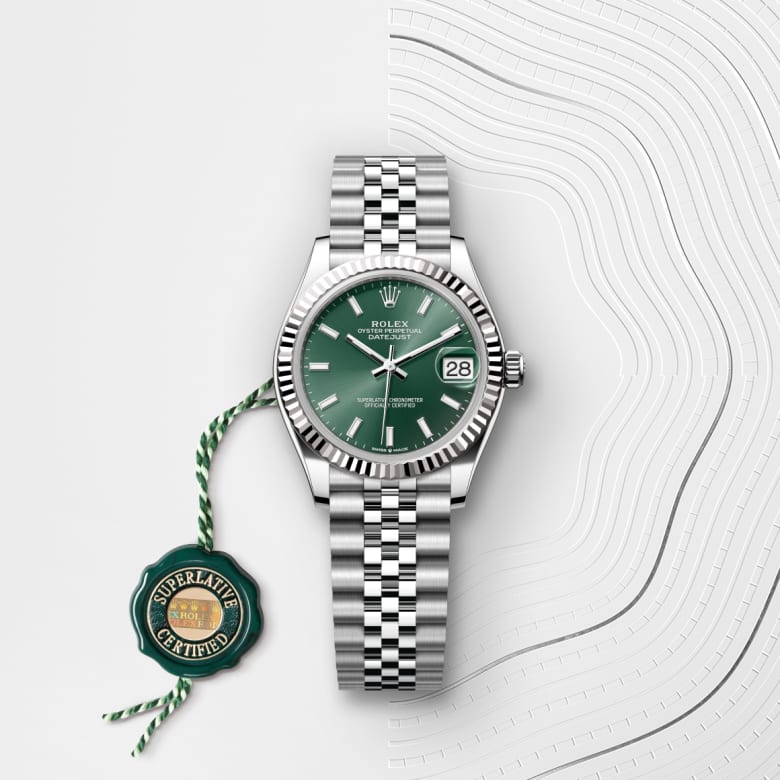 Front view of Rolex Datejust in White Rolesor - combination of Oystersteel and white gold, m278274-0018 with green seal - Nam Sawang