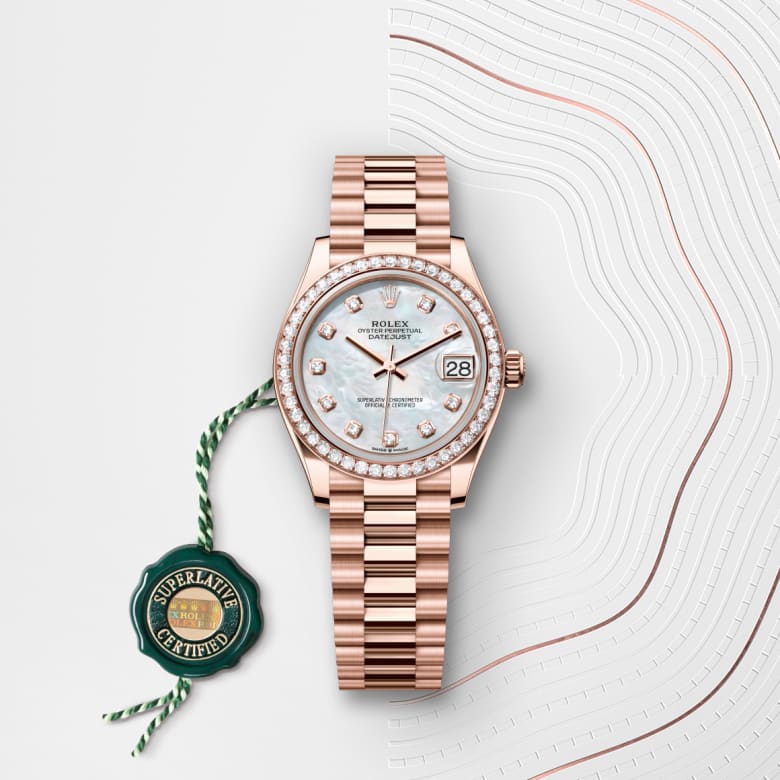 ด้านหน้า Rolex Datejust ในวัสดุ Everose gold 18 กะรัต, m278285rbr-0005 กับเหรียญรับประกันสีเขียว - นำสว่าง