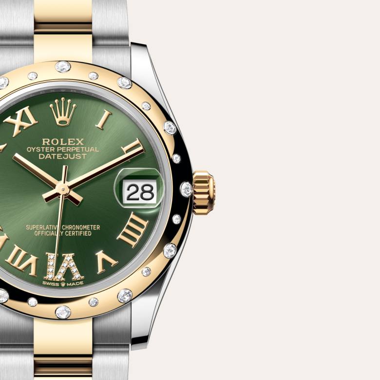 Front view of Rolex Datejust in Yellow Rolesor, m278343rbr-0015 with green seal - Nam Sawang