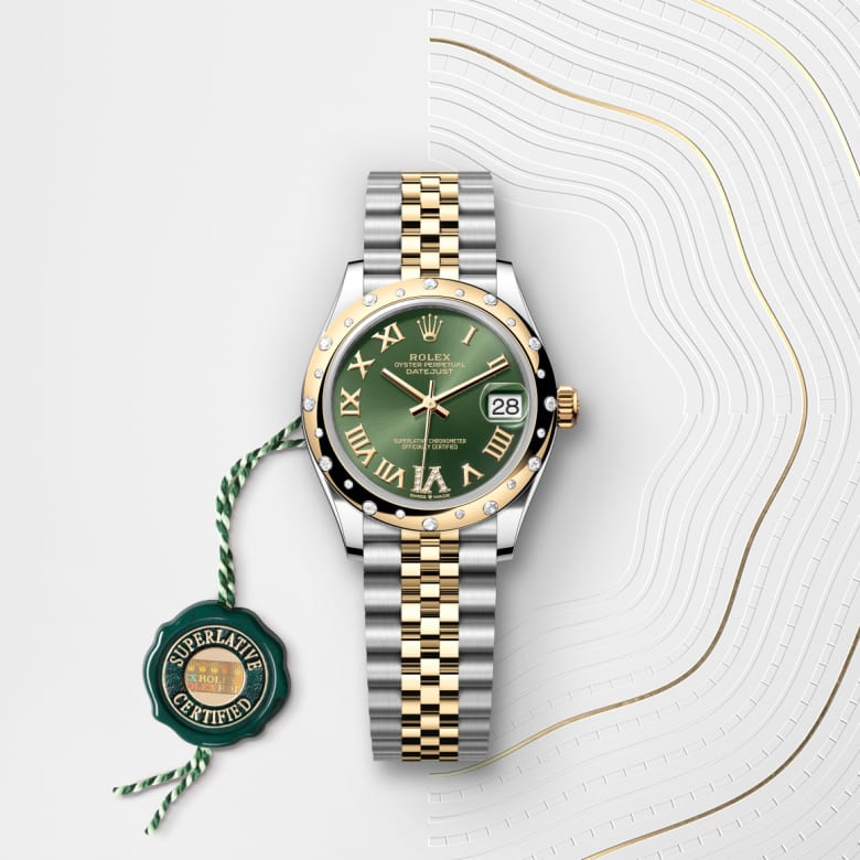ด้านหน้า Rolex Datejust ในวัสดุ Yellow Rolesor, m278343rbr-0016 กับเหรียญรับประกันสีเขียว - นำสว่าง