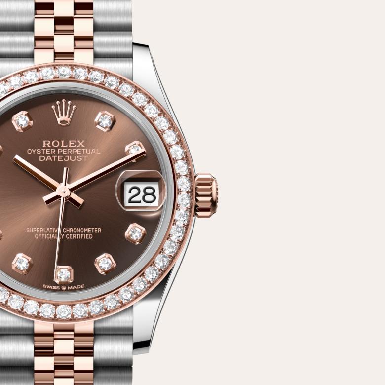 Front view of Rolex Datejust in Everose Rolesor, m278381rbr-0028 with green seal - Nam Sawang