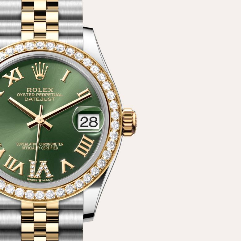 Front view of Rolex Datejust in Yellow Rolesor, m278383rbr-0016 with green seal - Nam Sawang
