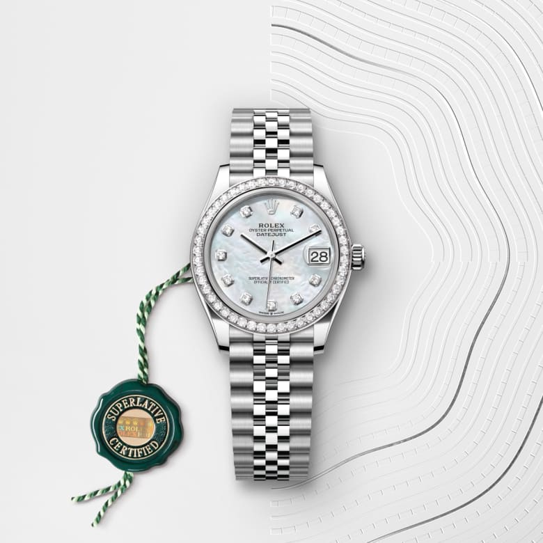 Front view of Rolex Datejust in White Rolesor - combination of Oystersteel and white gold, m278384rbr-0008 with green seal - Nam Sawang