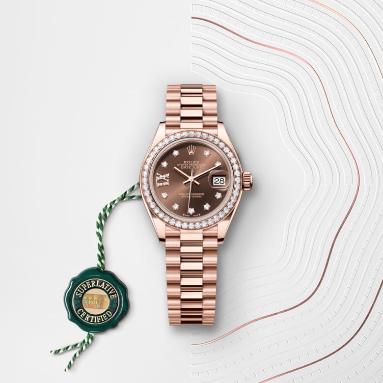 ด้านหน้า Rolex Lady-Datejust ในวัสดุ Everose gold 18 กะรัต, m279135rbr-0001 กับเหรียญรับประกันสีเขียว - นำสว่าง