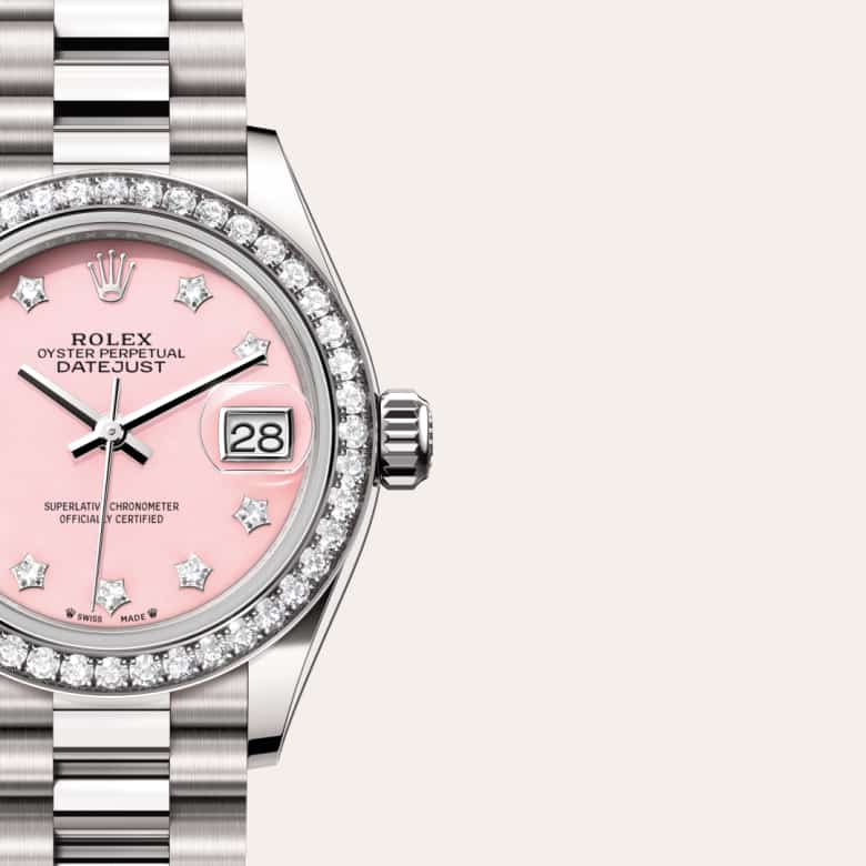 ด้านหน้า Rolex Lady-Datejust ในวัสดุ ทองคำขาว 18 กะรัต, m279139rbr-0002 กับเหรียญรับประกันสีเขียว - นำสว่าง