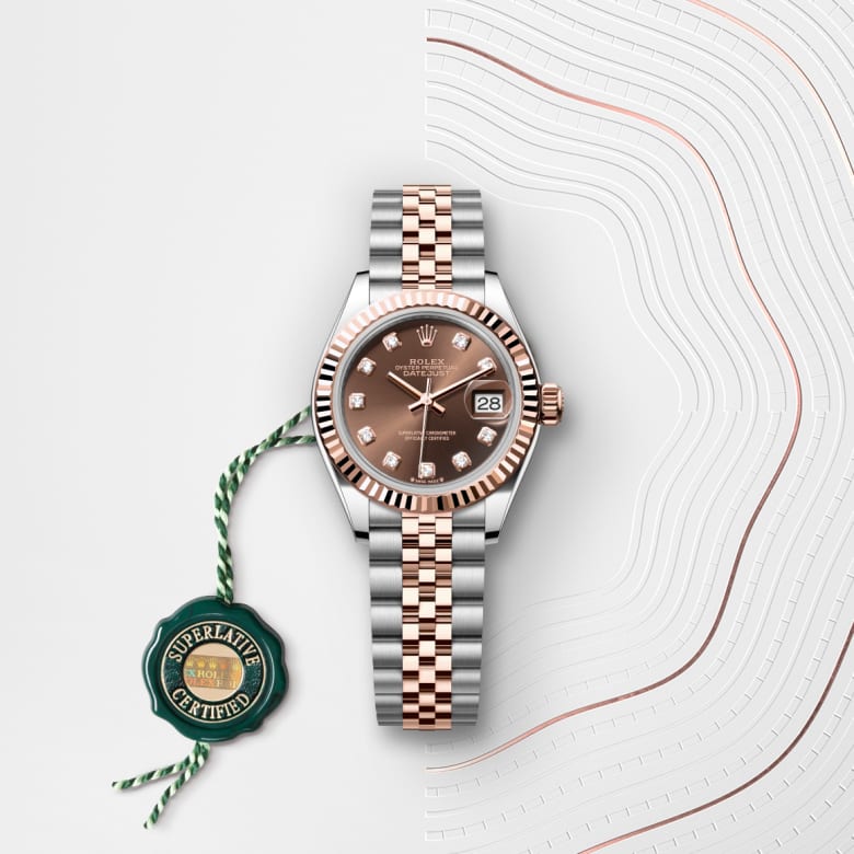 ด้านหน้า Rolex Lady-Datejust ในวัสดุ Everose Rolesor, m279171-0011 กับเหรียญรับประกันสีเขียว - นำสว่าง