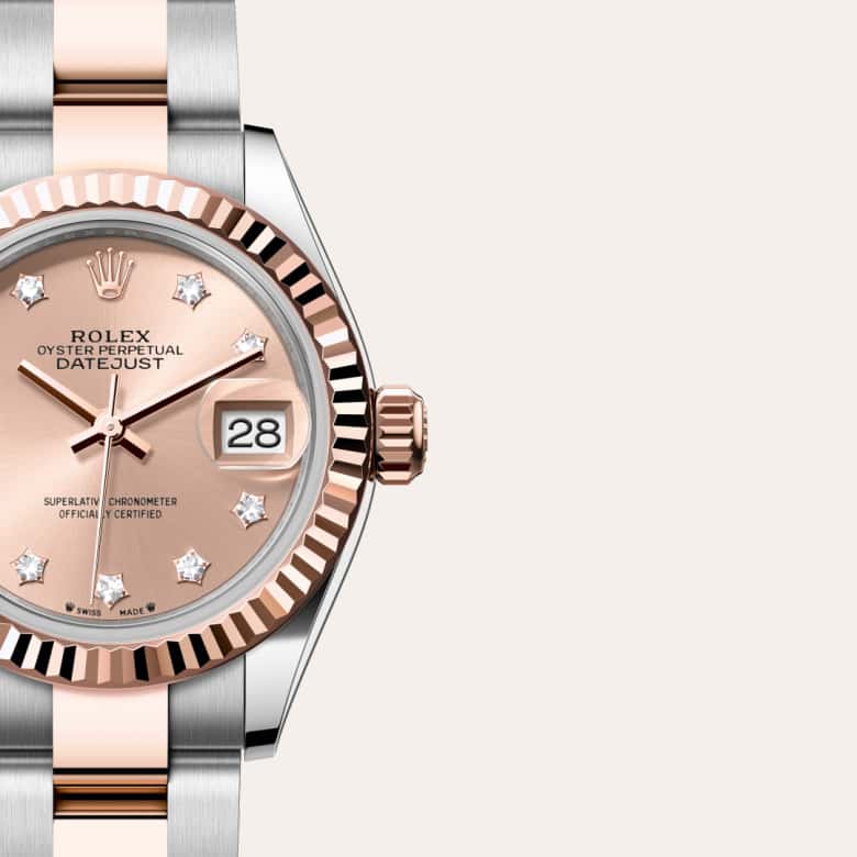 Front view of Rolex Lady-Datejust in Everose Rolesor, m279171-0028 with green seal - Nam Sawang