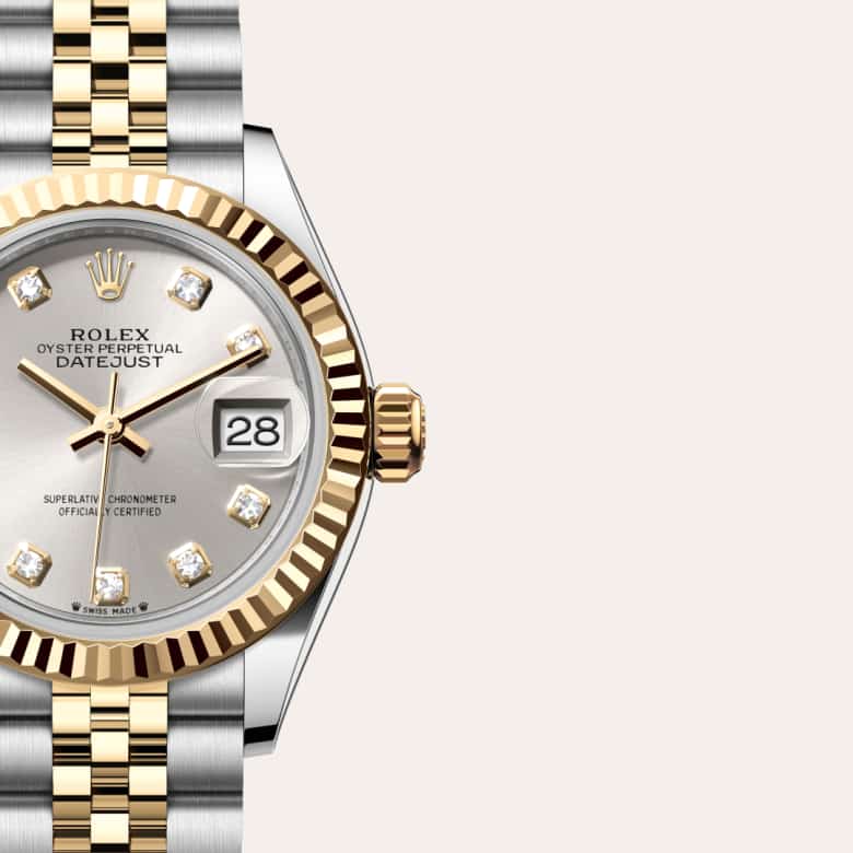 Front view of Rolex Lady-Datejust in Yellow Rolesor, m279173-0007 with green seal - Nam Sawang