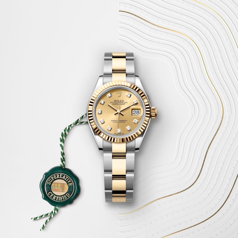 ด้านหน้า Rolex Lady-Datejust ในวัสดุ Yellow Rolesor, m279173-0012 กับเหรียญรับประกันสีเขียว - นำสว่าง