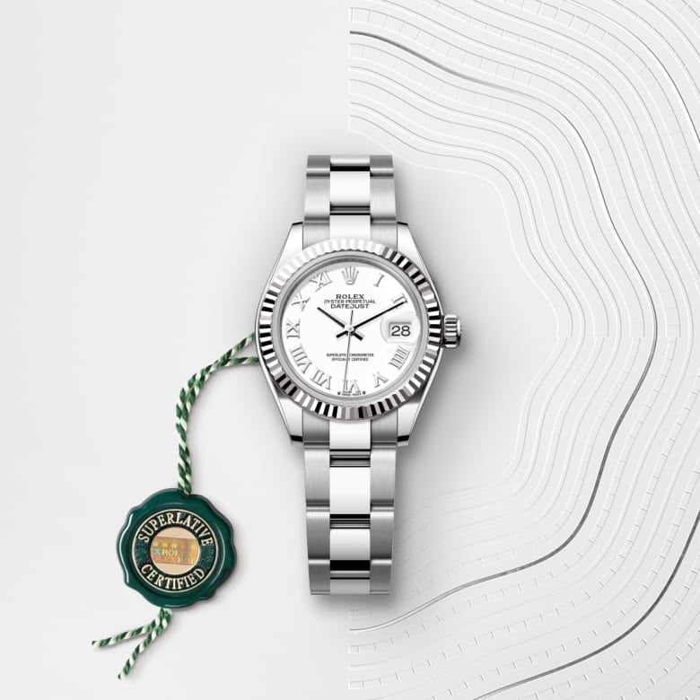 ด้านหน้า Rolex Lady-Datejust ในวัสดุ White Rolesor - การผสมผสานระหว่าง Oystersteel และทองคำขาว, m279174-0020 กับเหรียญรับประกันสีเขียว - นำสว่าง