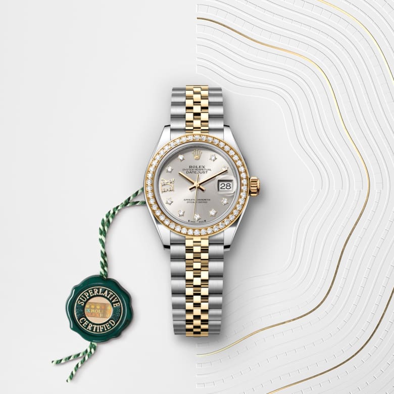 ด้านหน้า Rolex Lady-Datejust ในวัสดุ Yellow Rolesor, m279383rbr-0003 กับเหรียญรับประกันสีเขียว - นำสว่าง