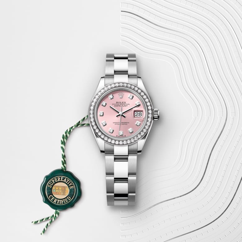 Front view of Rolex Lady-Datejust in White Rolesor - combination of Oystersteel and white gold, m279384rbr-0004 with green seal - Nam Sawang