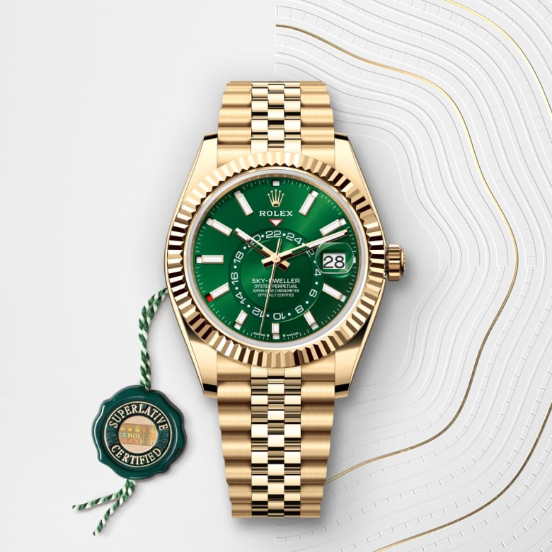 ด้านหน้า Rolex Sky-Dweller ในวัสดุ ทองคำ 18 กะรัต, m336938-0008 กับเหรียญรับประกันสีเขียว - นำสว่าง