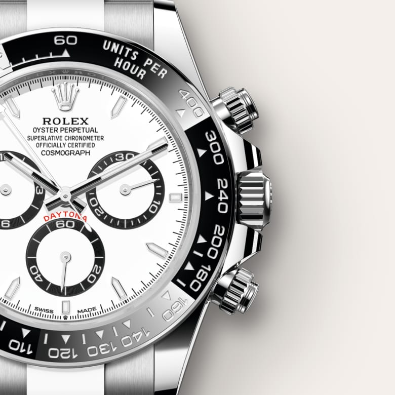 ด้านใกล้ Rolex Cosmograph Daytona ในวัสดุ Oystersteel, m126500ln-0001 - นำสว่าง