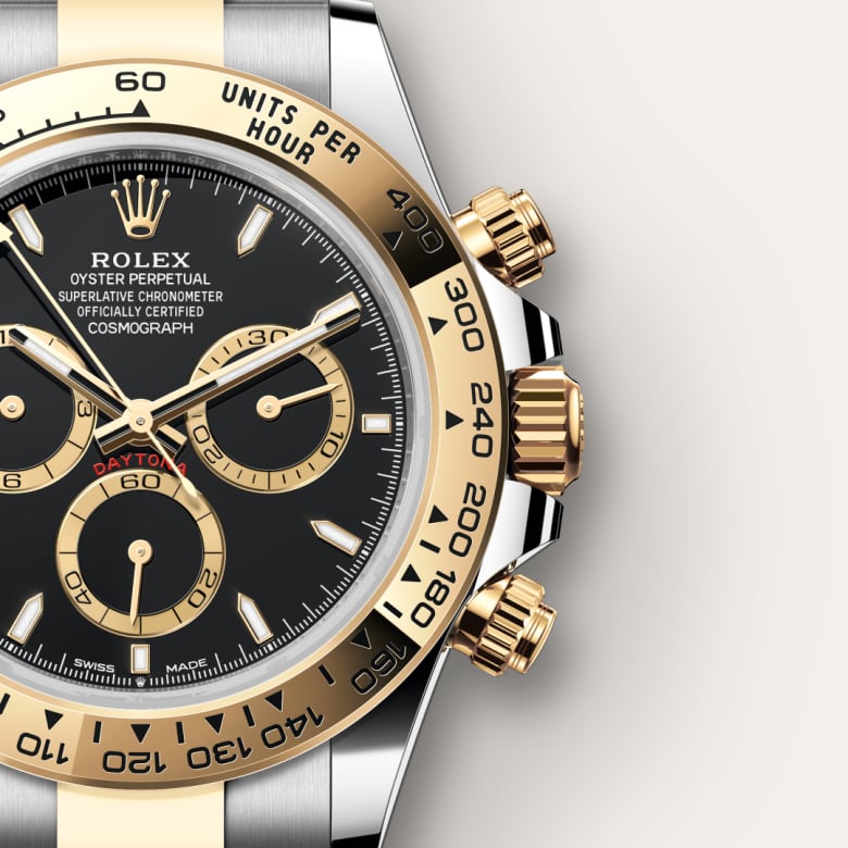 ด้านใกล้ Rolex Cosmograph Daytona ในวัสดุ Yellow Rolesor - การผสมผสานระหว่าง Oystersteel และทองคำ, m126503-0003 - นำสว่าง