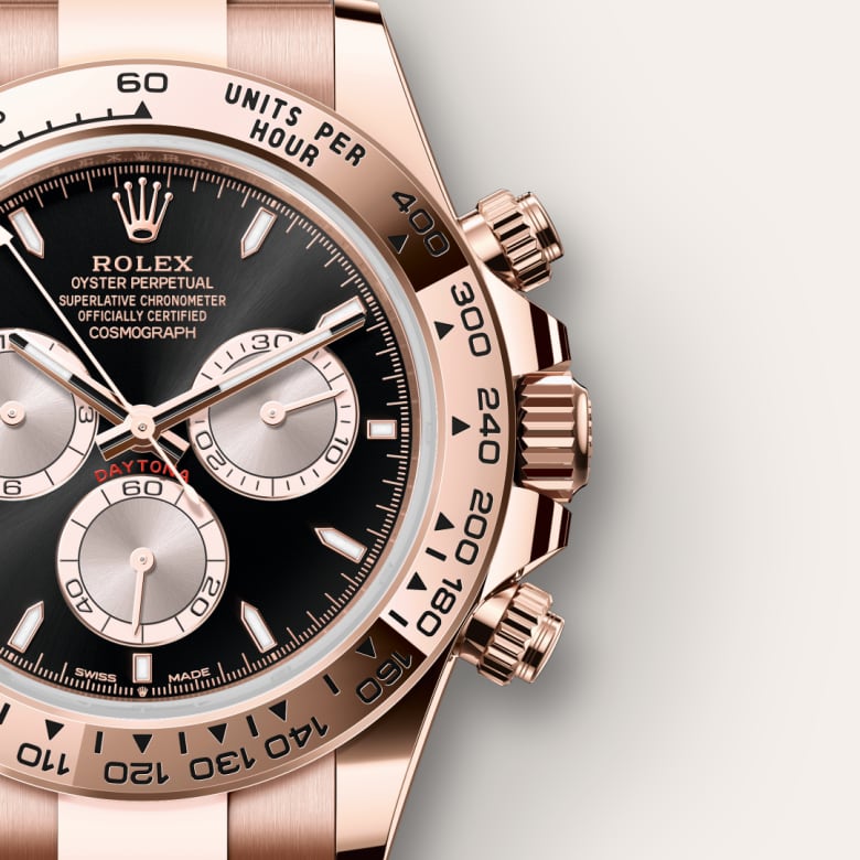 Up close of Rolex Cosmograph Daytona in 18 ct Everose gold, m126505-0001 - Nam Sawang
