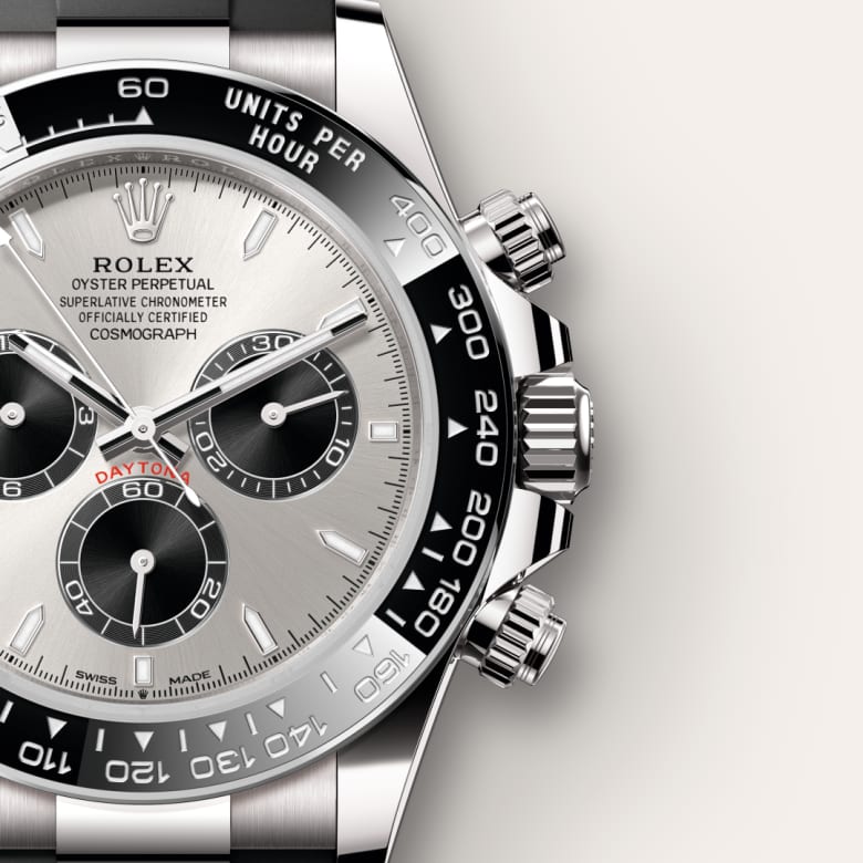 Up close of Rolex Cosmograph Daytona in 18 ct white gold, m126519ln-0006 - Nam Sawang