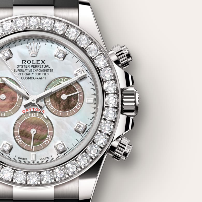 ด้านใกล้ Rolex Cosmograph Daytona ในวัสดุ ทองคำขาว, m126589rbr-0001 - นำสว่าง